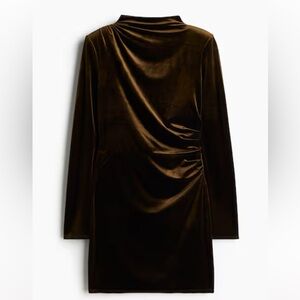 Elegant Shoulder Pad Velvet Dress in Dark Khaki Green